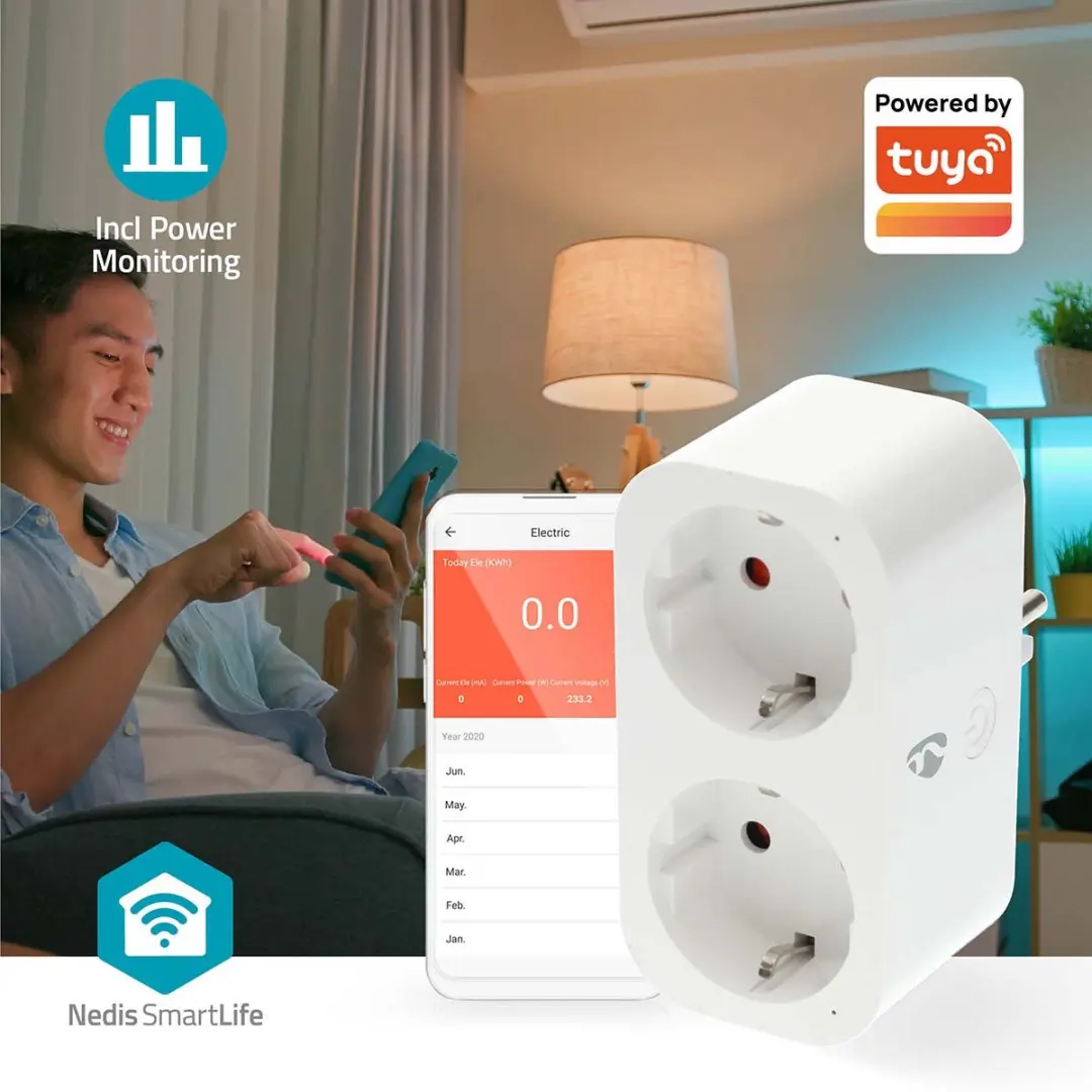Nedis SmartLife Slimme Stekker 2-Wegs WiFi - Energiemeter 3680W - Wit