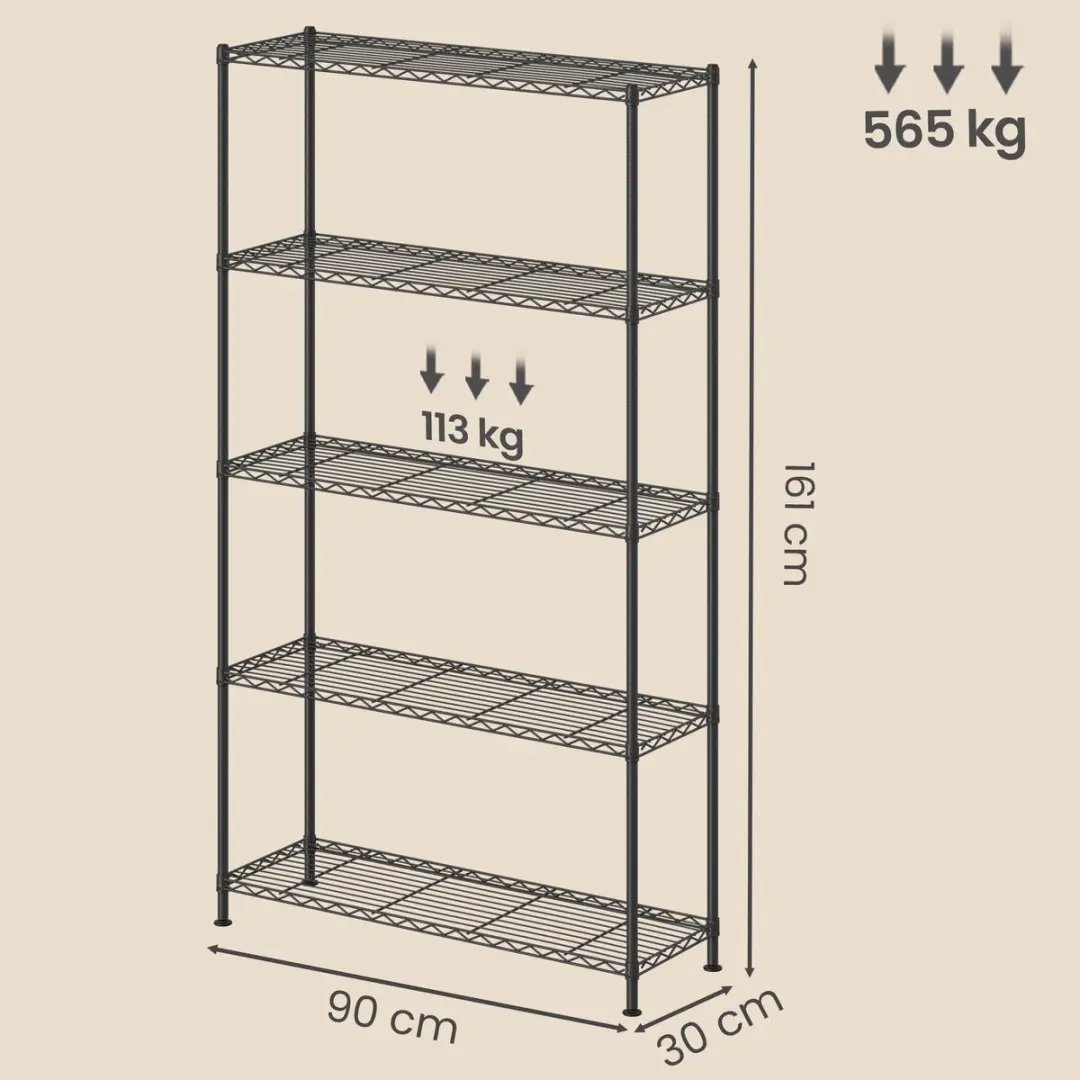 Songmics Vrijstaand Metaal Opbergrek 5-laags - 30x90x161cm - Zwart