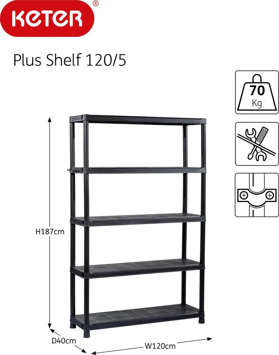 Keter Stellingkast 120x40x187cm - 5 Planken - Zwart