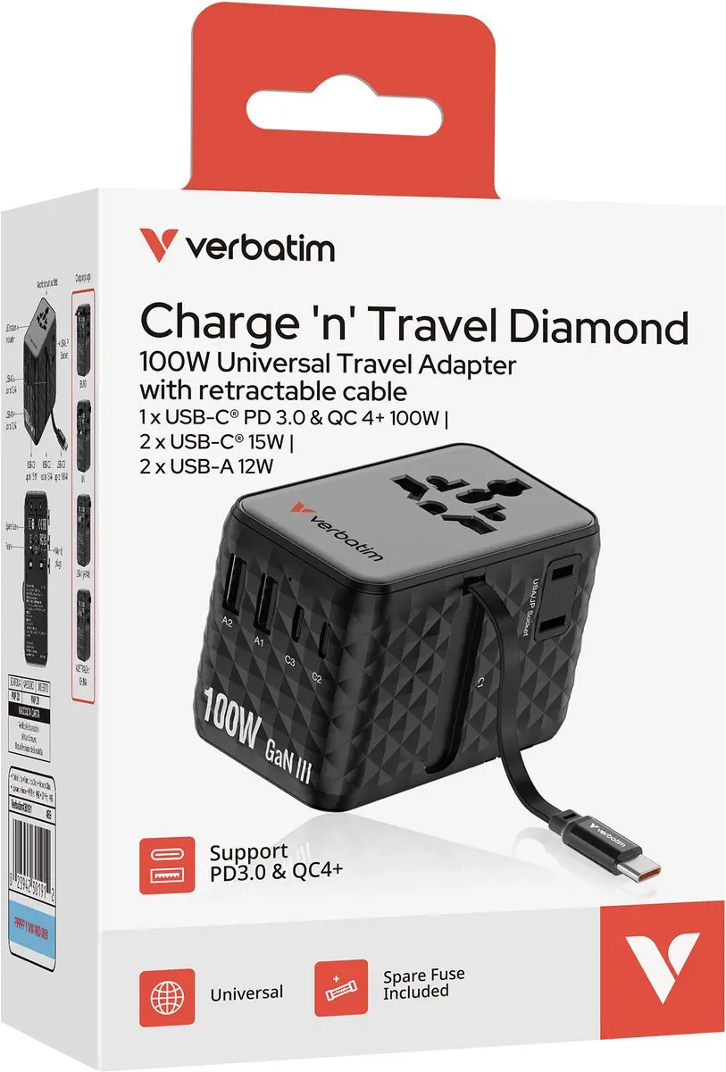 Verbatim VK VS Reisadapter 2x USB-C 2x USB-A - Zwart