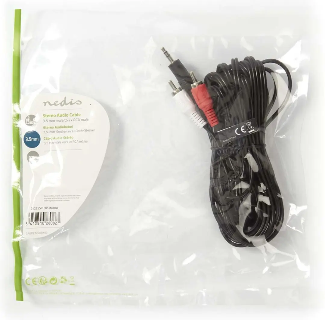 Nedis Stereo-Audiokabel 3,5mm Male naar 2x RCA Male - 5m - Zwart