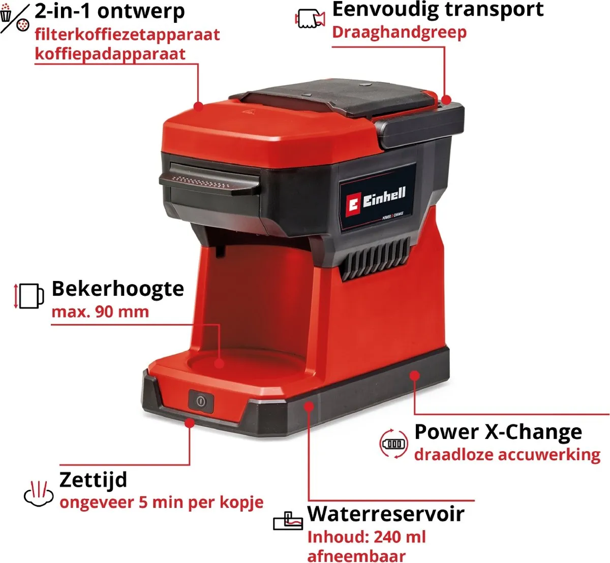 Einhell TE-CF 18 Li Solo Accu Koffiezetapparaat - 240ml - Rood/Zwart