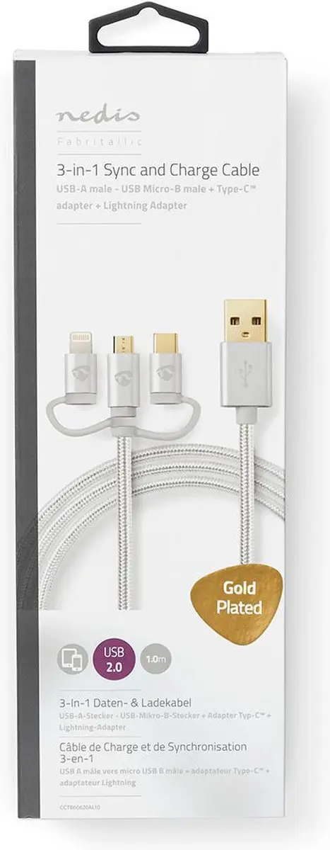 Nedis 3-in-1-Kabel CCTB60620AL10 - USB 2.0 - 1m - Verguld - afbeelding 6 van 6