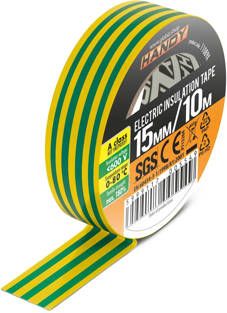 Handy Isolatietape Geel/Groen 10m x 15mm - 5 Rollen