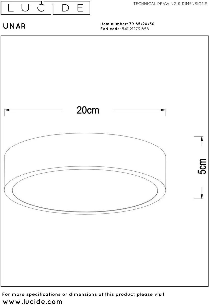 Lucide UNAR Plafondlamp Ø20cm - 1x12W 2700K - Zwart - afbeelding 6 van 6