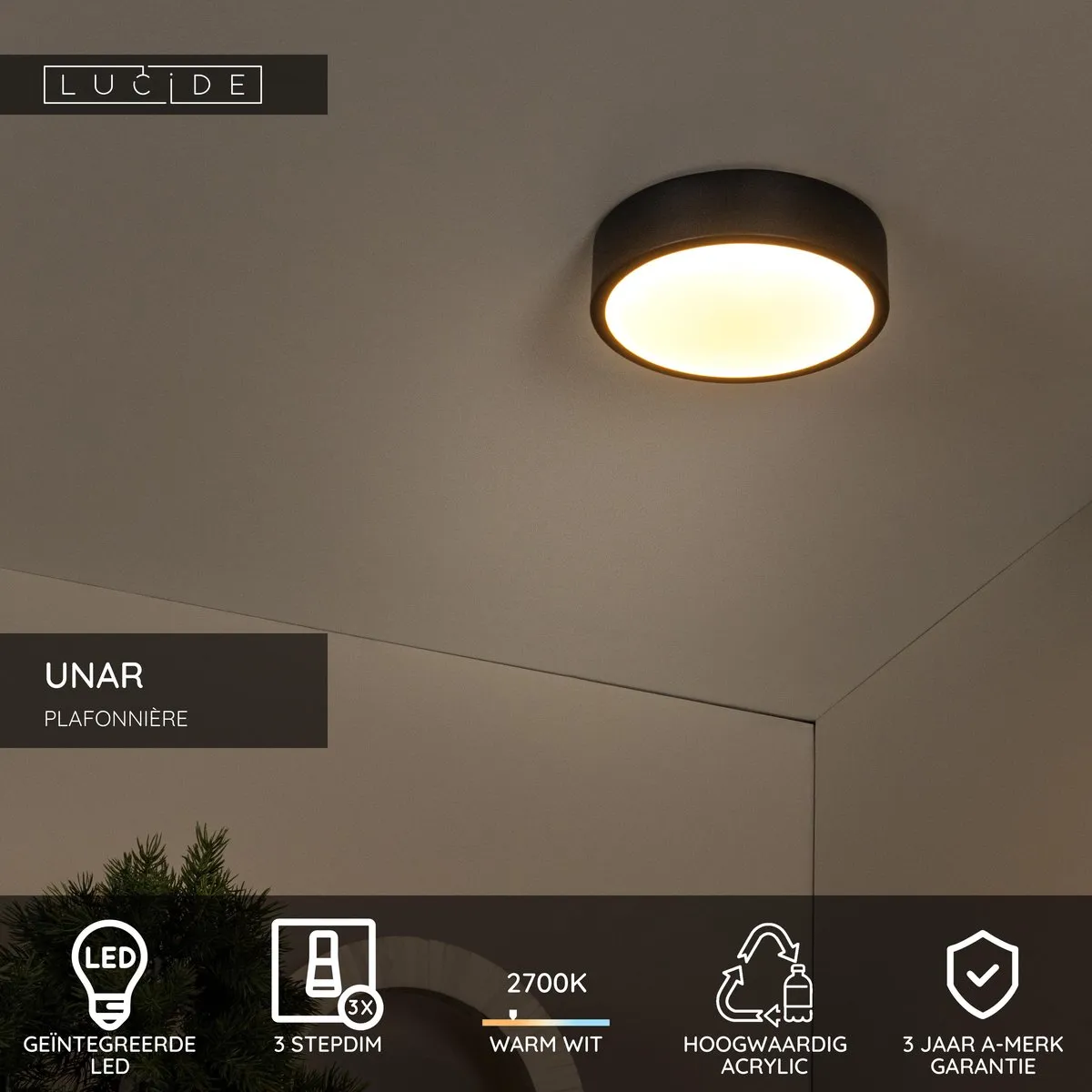 Lucide UNAR Plafondlamp Ø20cm - 1x12W 2700K - Zwart