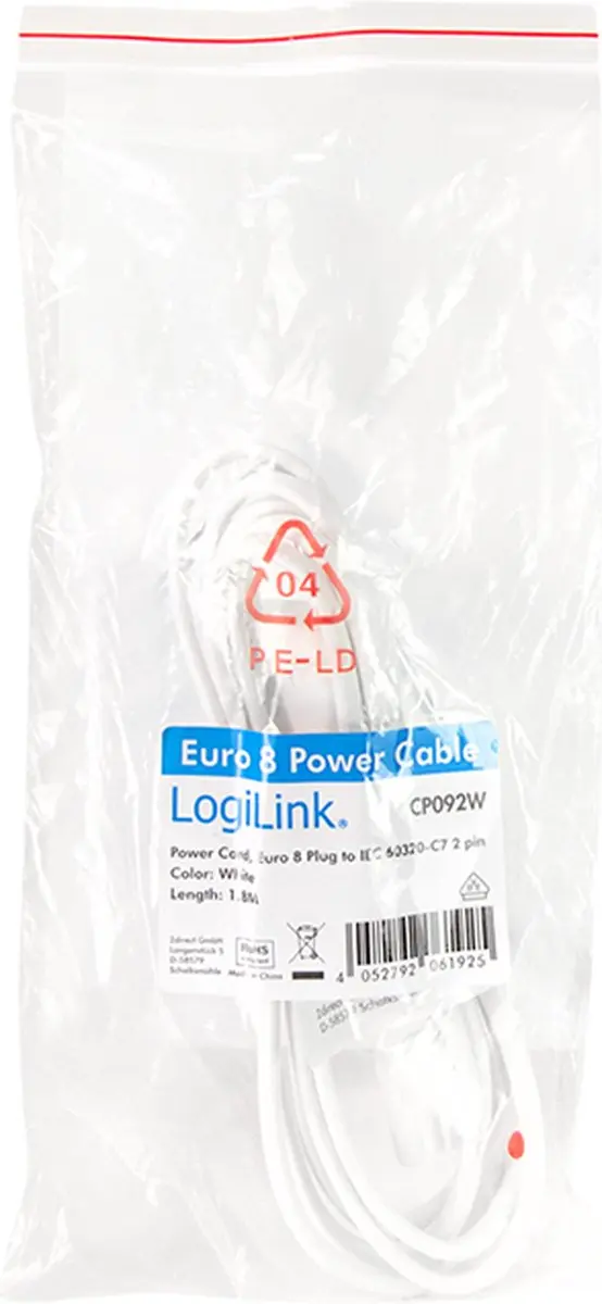 Logilink CP092W Elektriciteitssnoer 1,8m - Type C C7 - Wit