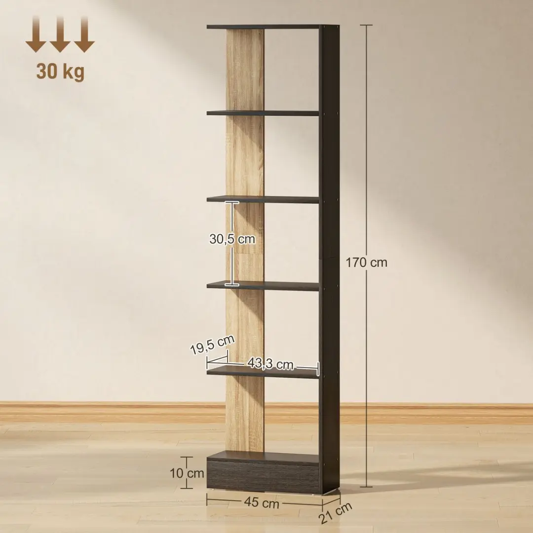 Homcom Opbergrek 45x21x170cm - 5 Planken - Zwart - afbeelding 6 van 6