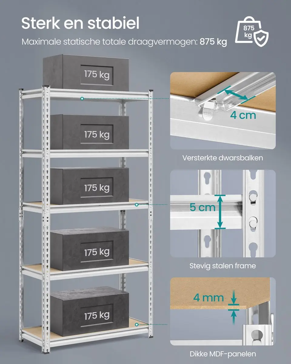 Songmics Stellingkast 5 Planken - 875 kg - Zilver