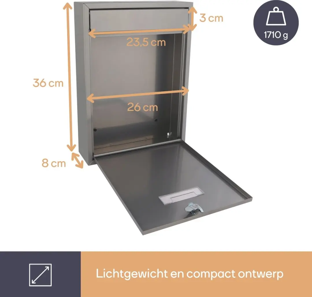 Perel Ibiza Wandbrievenbus 36x26cm - Zilvergrijs - Met slot - afbeelding 6 van 6