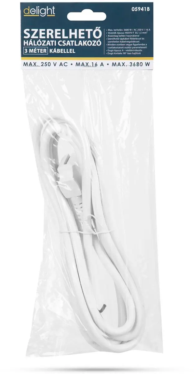 Delight Haakse Stekker 230V 16A - 3m H05VV-F 3G1,5 Wit