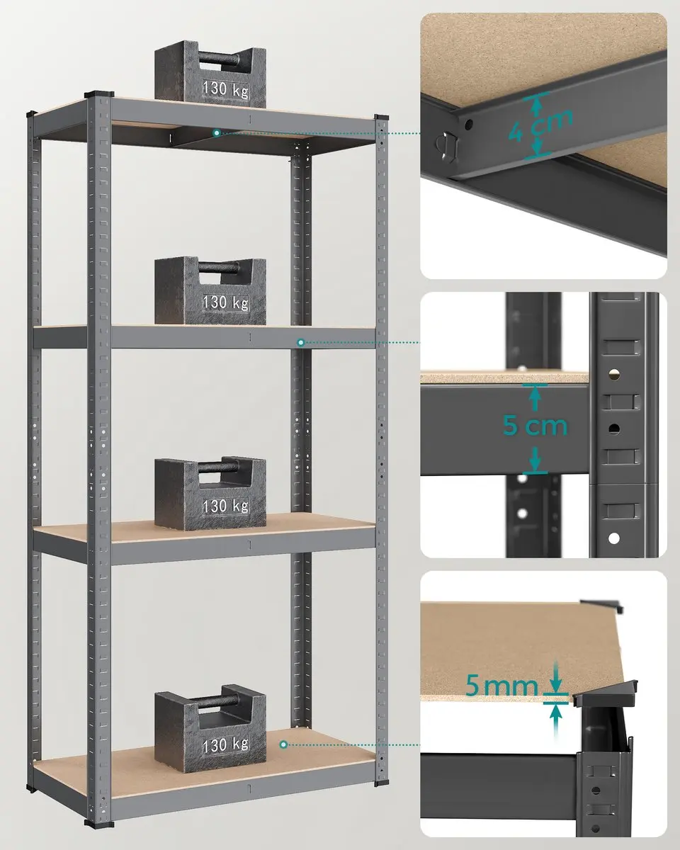 Songmics Stellingkast Opbergrek 520kg - 4 Verstelbare Planken - Grijs - afbeelding 6 van 6
