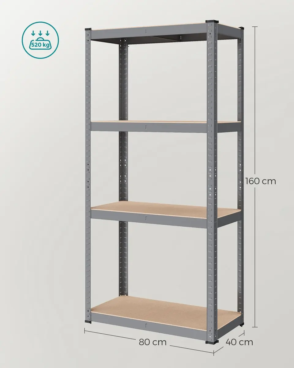 Songmics Stellingkast Opbergrek 520kg - 4 Verstelbare Planken - Grijs