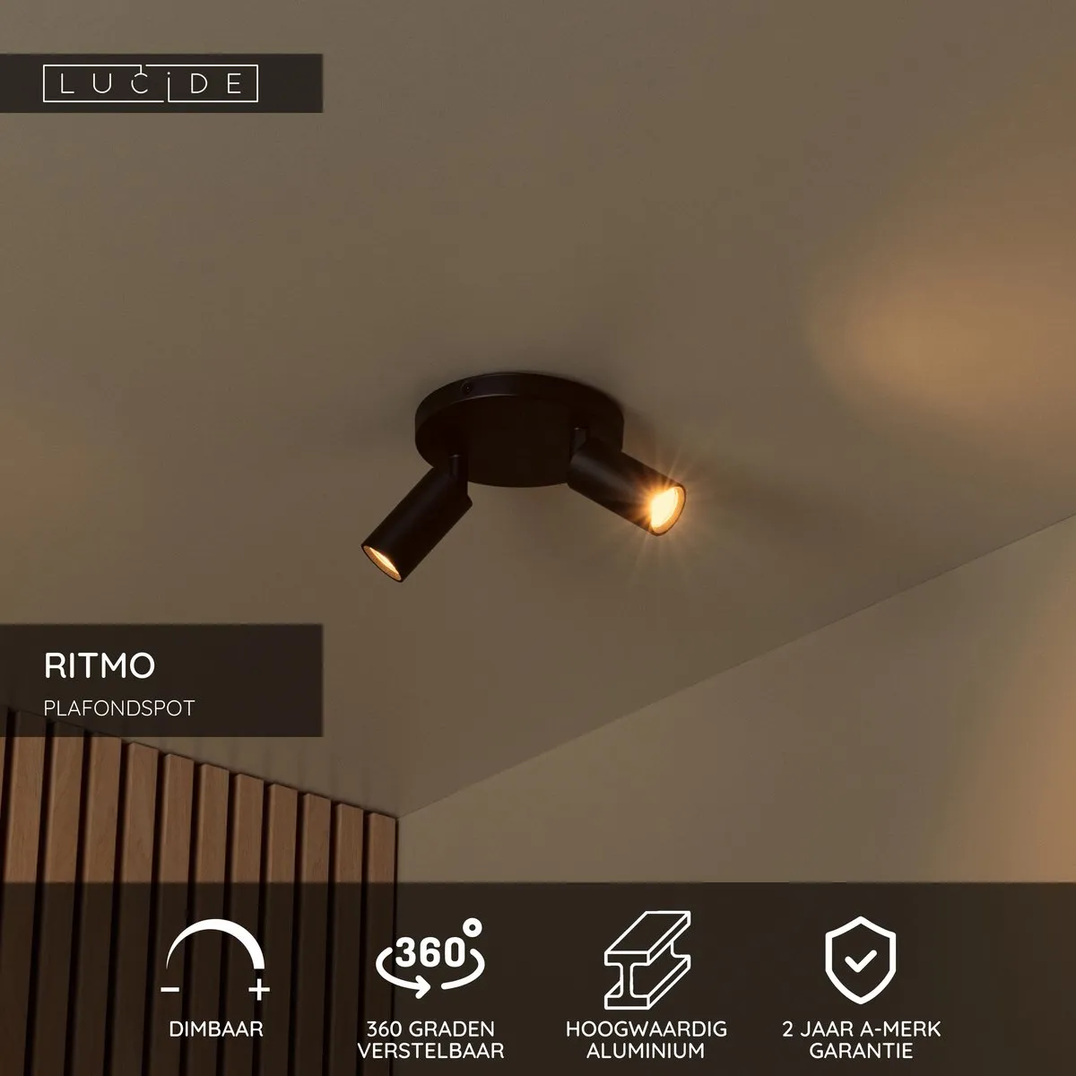 Lucide Ritmo Plafondspot Ø15cm 2xGU10 - Zwart