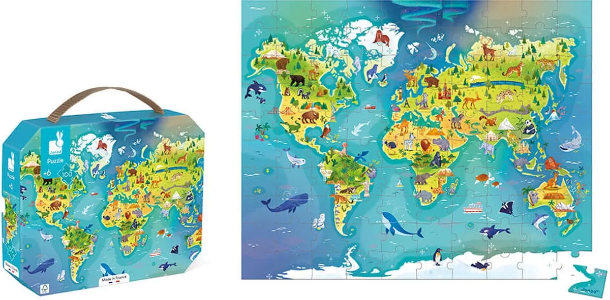 Janod Puzzel De Wereld 100 Stuks - In Koffer - Vanaf 6 Jaar