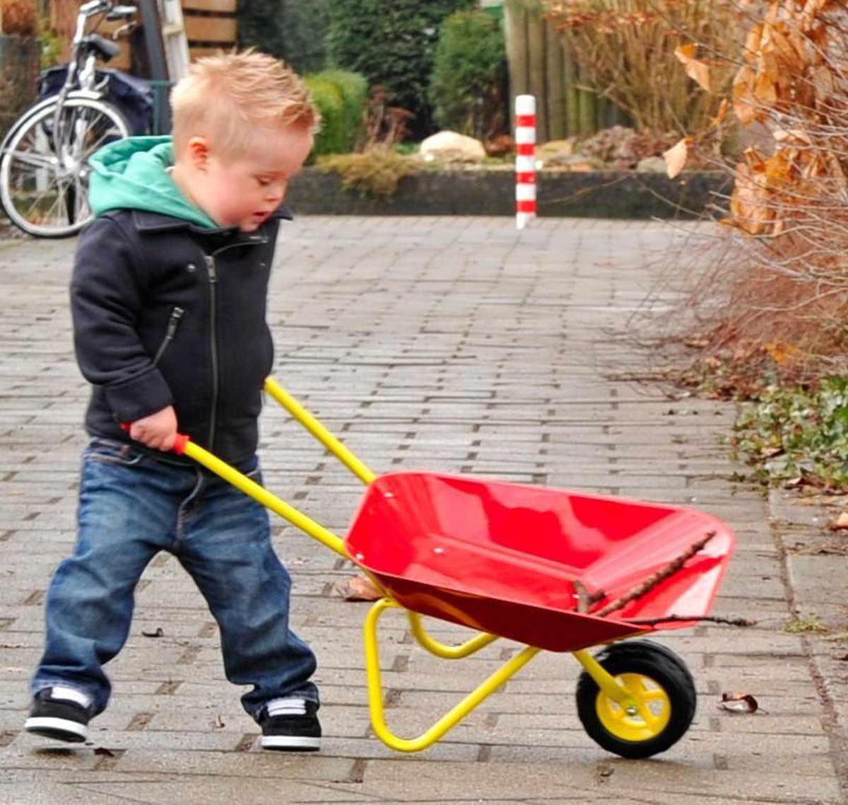 Kindertuingereedschap met rode kruiwagen