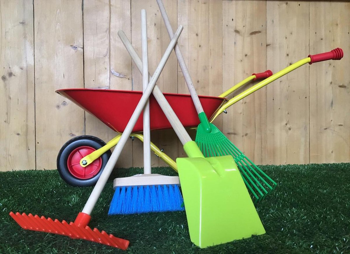 Kindertuingereedschap met rode kruiwagen