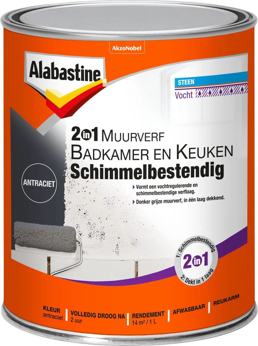 Alabastine Muurverf 2in1 Badkamer & Keuken Antraciet 1L
