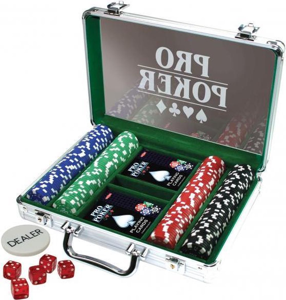 Tactic Pro Poker Set – Pokerset – Luxe Aluminium Koffer – 200 Chips van 11,5 gram – Inclusief Kaarten, Dobbelstenen en Dealer Button – Vanaf 14 Jaar