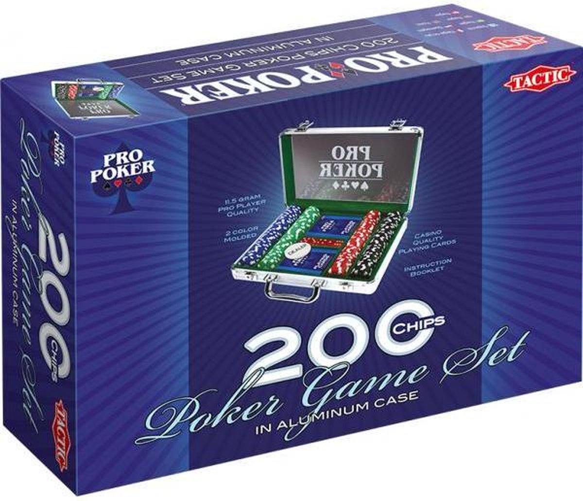 Tactic Pro Poker Set – Pokerset – Luxe Aluminium Koffer – 200 Chips van 11,5 gram – Inclusief Kaarten, Dobbelstenen en Dealer Button – Vanaf 14 Jaar