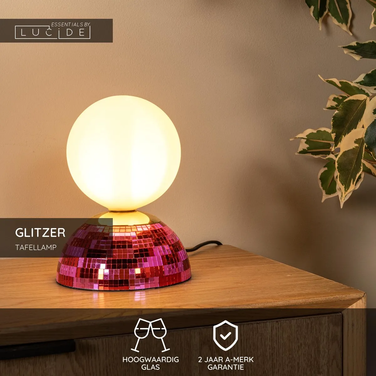 Lucide Glitzer Tafellamp Ø14cm - Roze