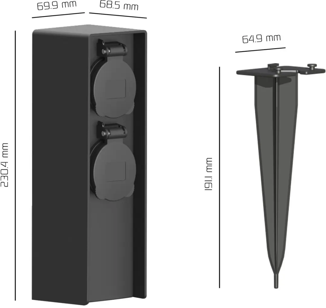 LEDVION Buitenstopcontact Paal 2x Waterdicht IP44 - Zwart