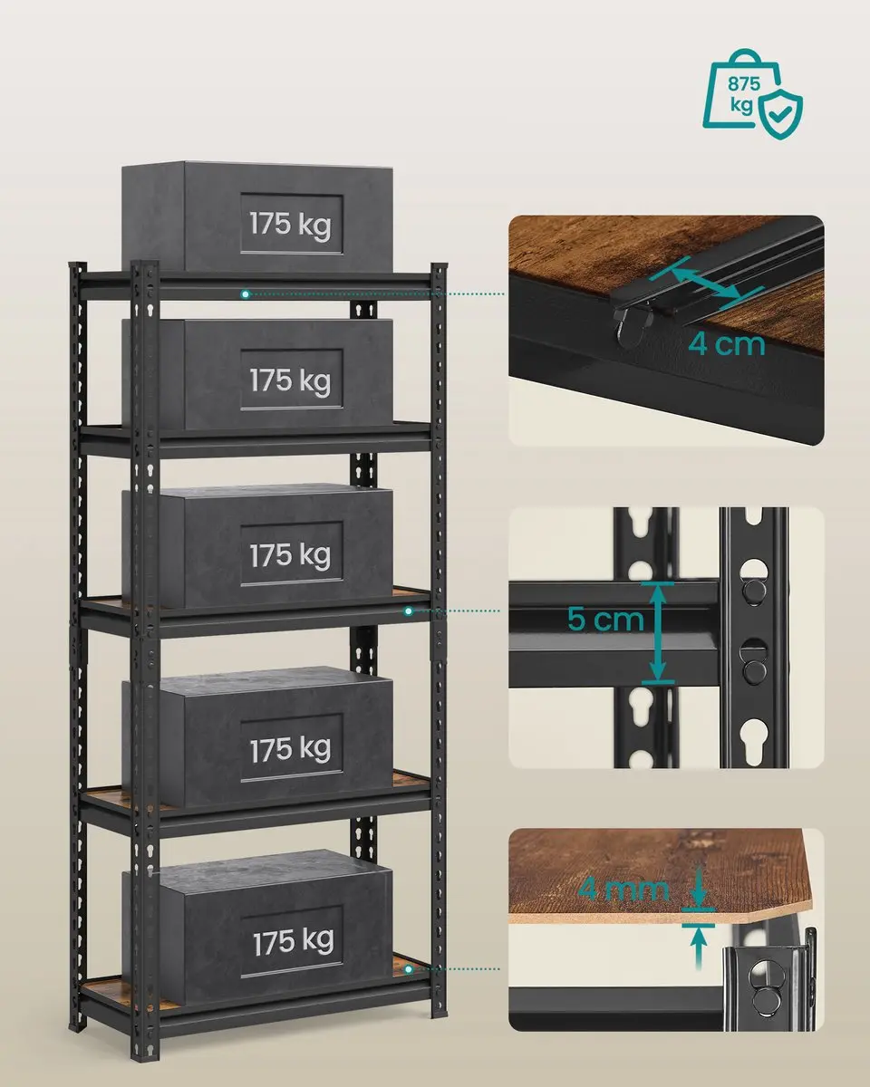 Songmics Stellingkast 5 Legplanken - 175 kg per plank - Zwart - afbeelding 4 van 6