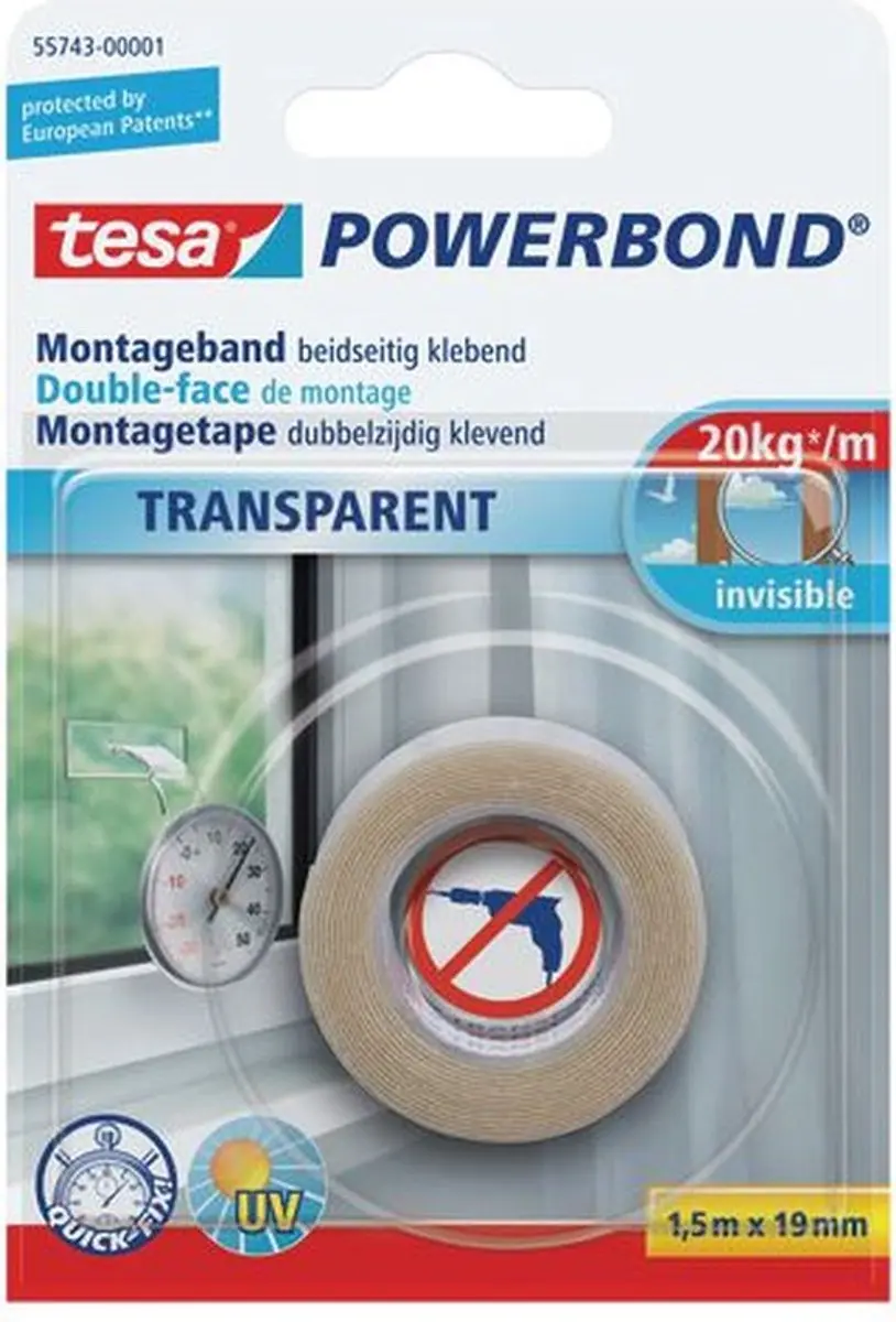 Tesa Montagetape Dubbelzijdig 1,5m x 19mm - Transparant