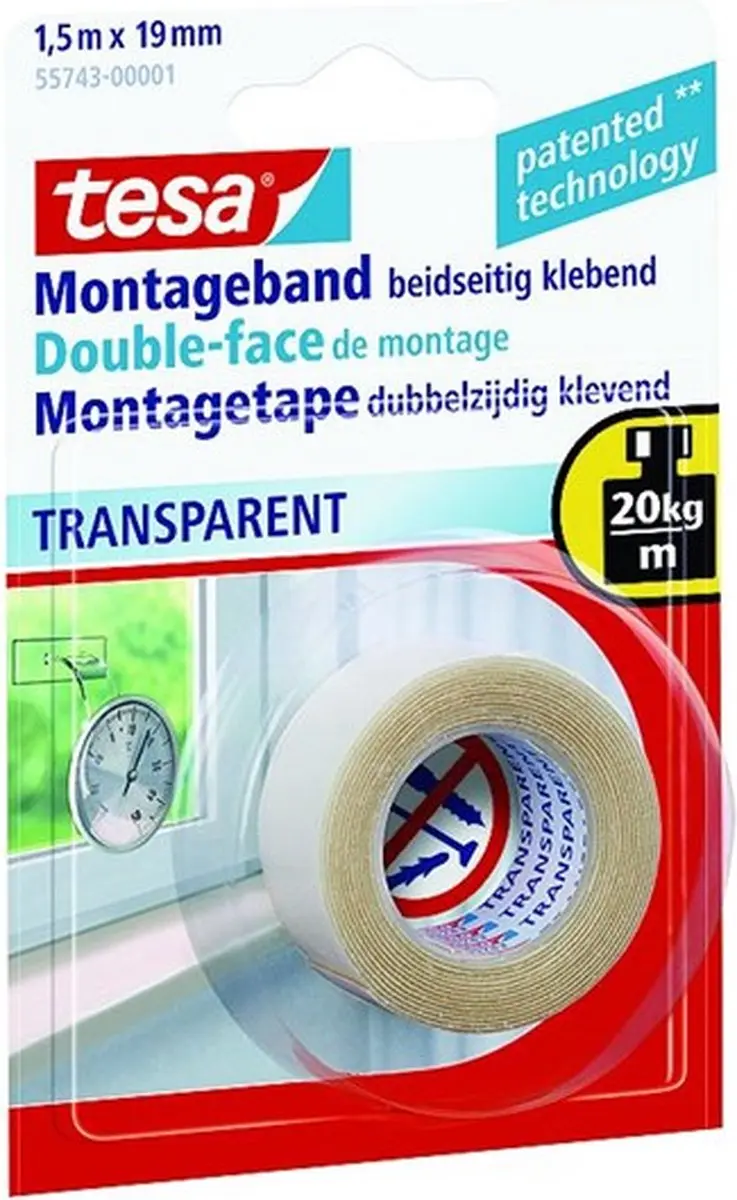 Tesa Montagetape Dubbelzijdig 1,5m x 19mm - Transparant