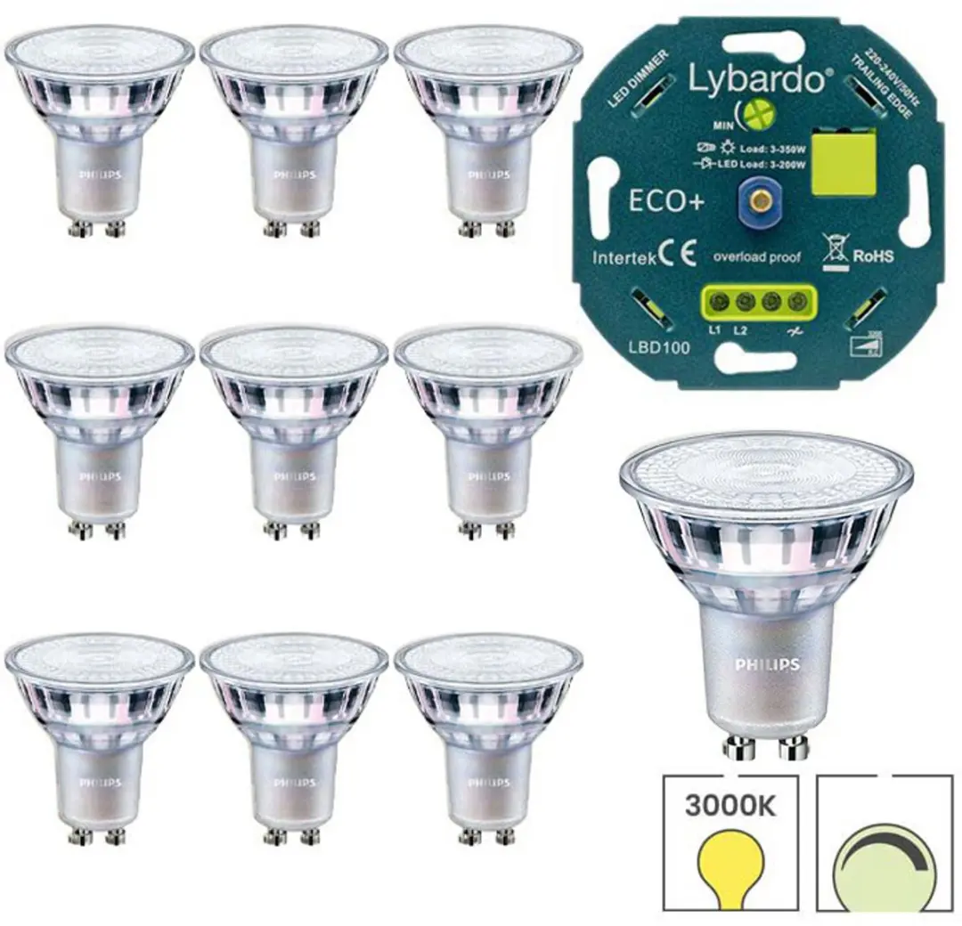 Philips GU10 LED 10 Stuks + Dimmer 3-200W