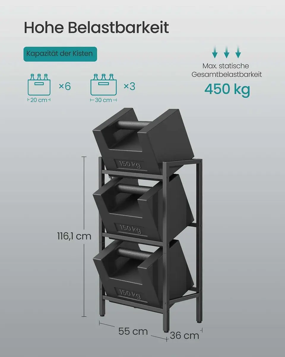 Songmics Drankkrattenrek 3-niveaus - 150 kg - Zwart - afbeelding 2 van 6
