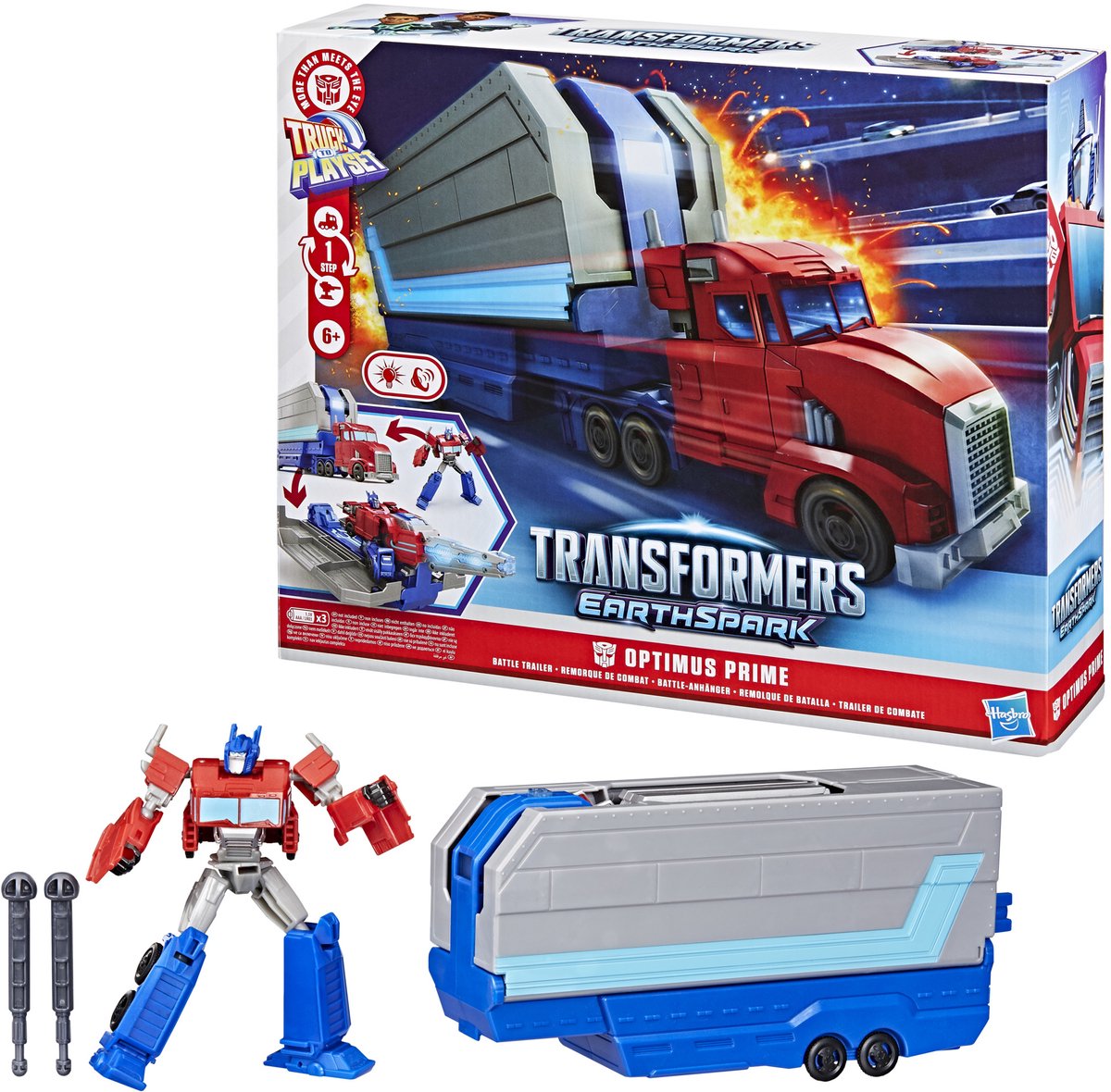 Hasbro Transformers speelgoed EarthSpark Optimus Prime Battle Trailer robot.