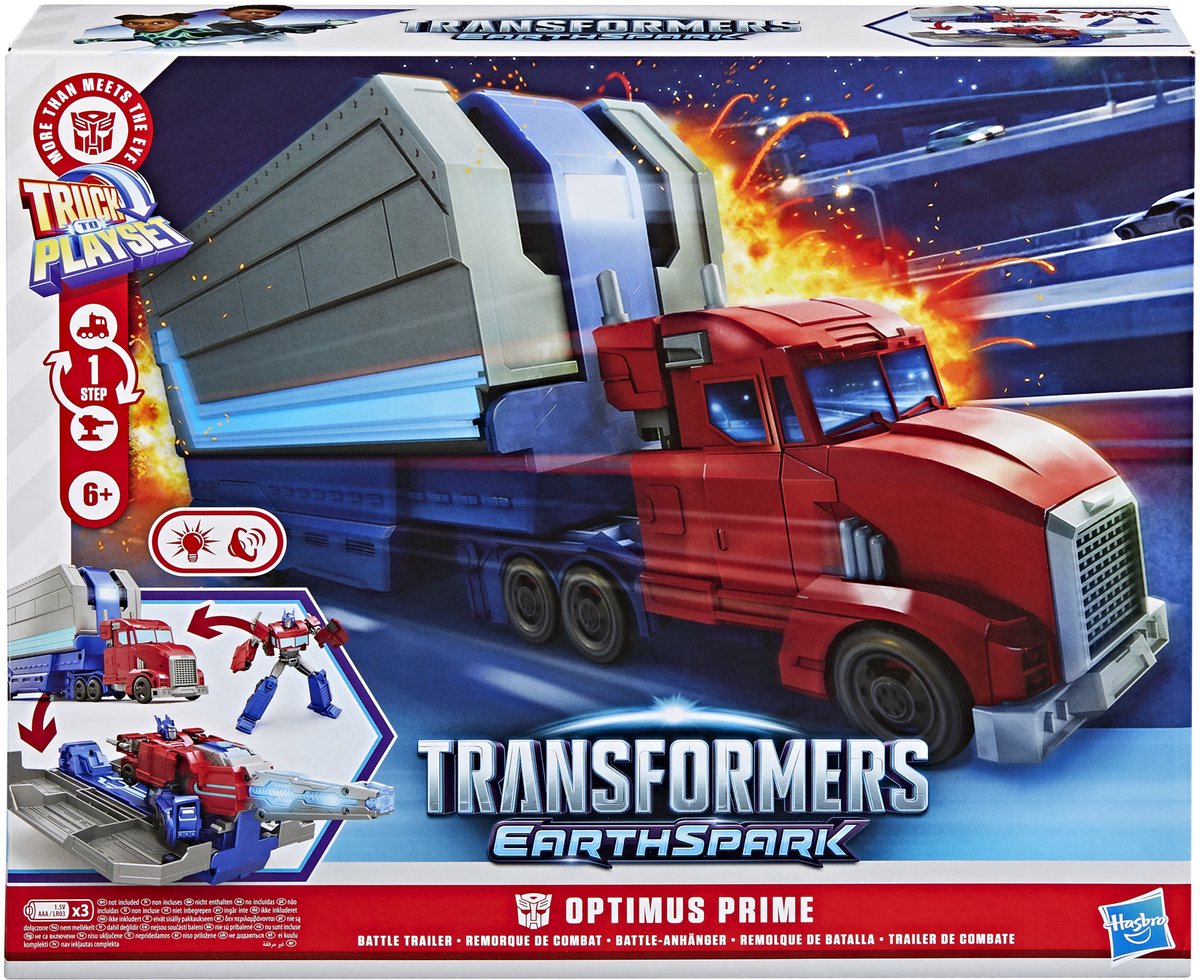 Hasbro Transformers speelgoed EarthSpark Optimus Prime Battle Trailer robot.