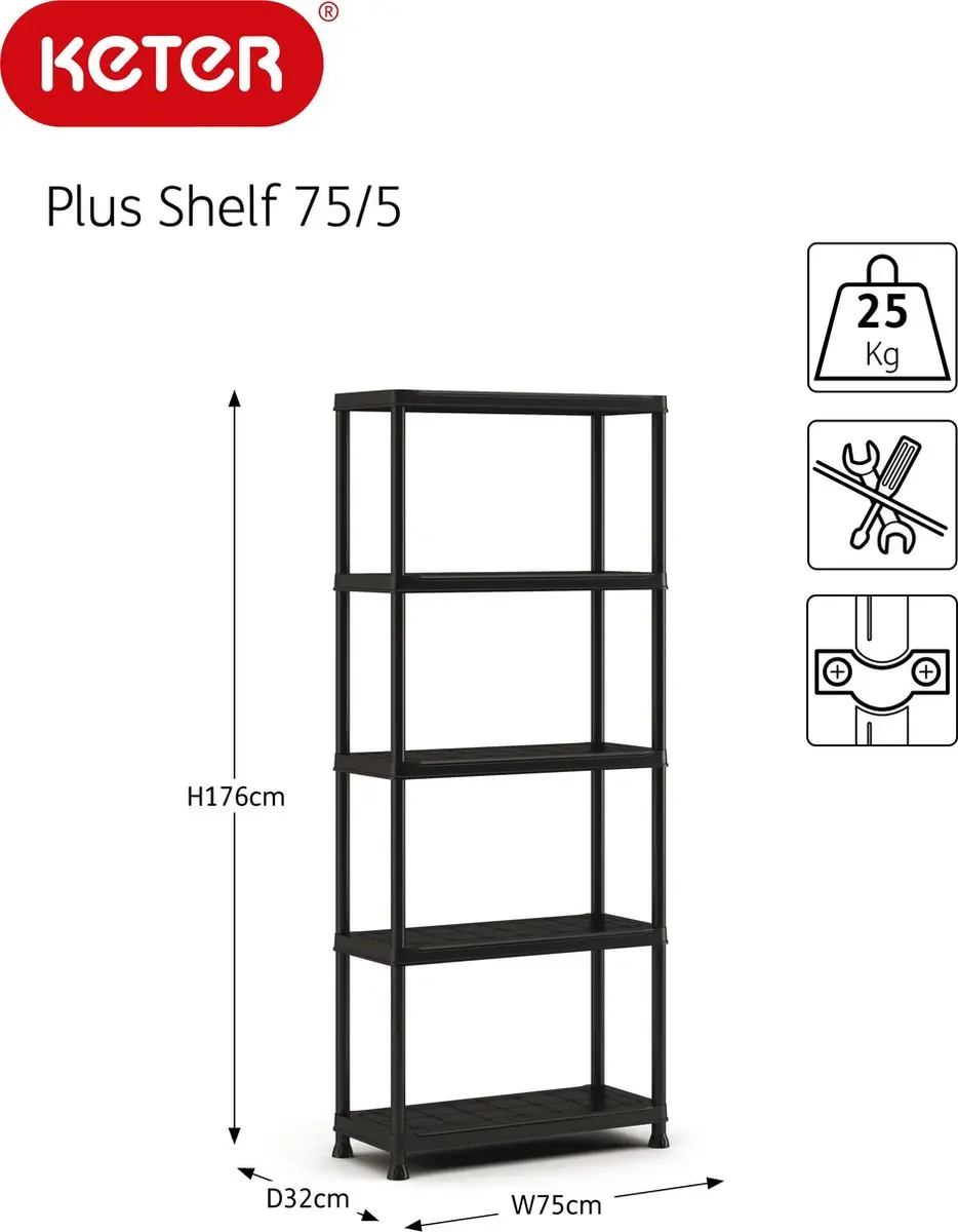 Keter Stellingkast 9509000-0022 - 5 Planken 75x32x176cm - Zwart