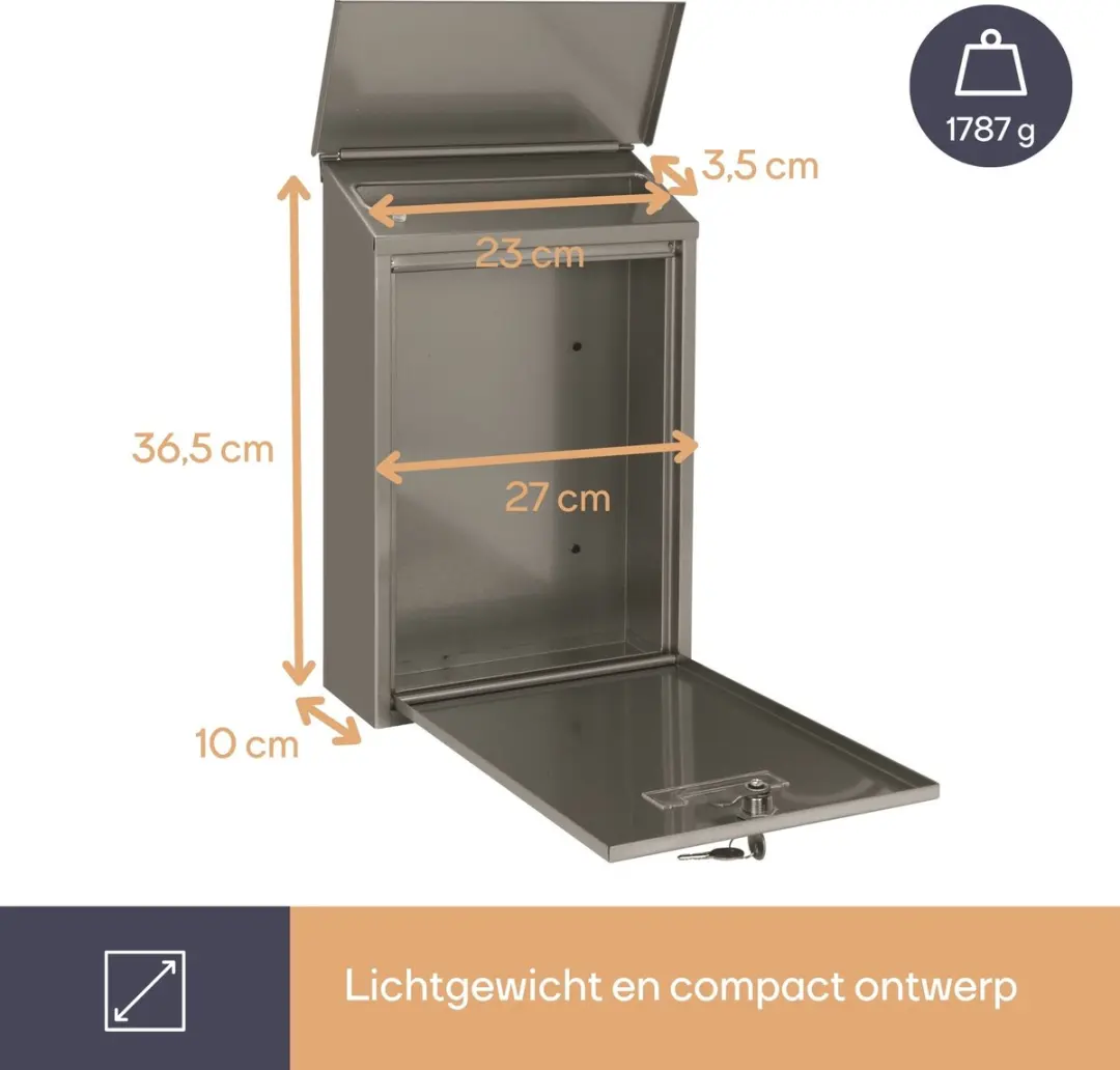 Perel Brievenbus Berlin Wandmontage 36,5x27cm - Inox - Met slot & 2 sleutels