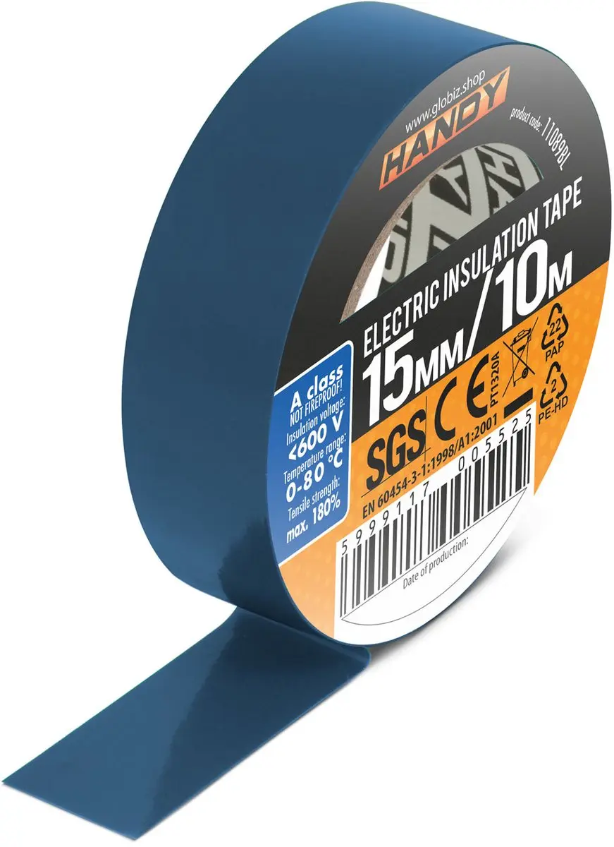 Handy Isolatietape Blauw 15mm x 10m - 5 Rollen - afbeelding 2 van 3