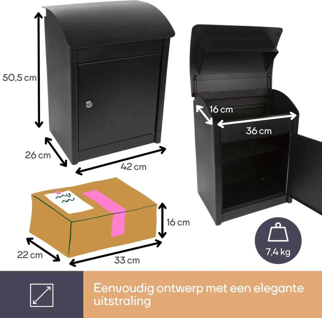 Perel Malmö Antidiefstal Pakketbrievenbus 50.5x42x26cm - Zwart