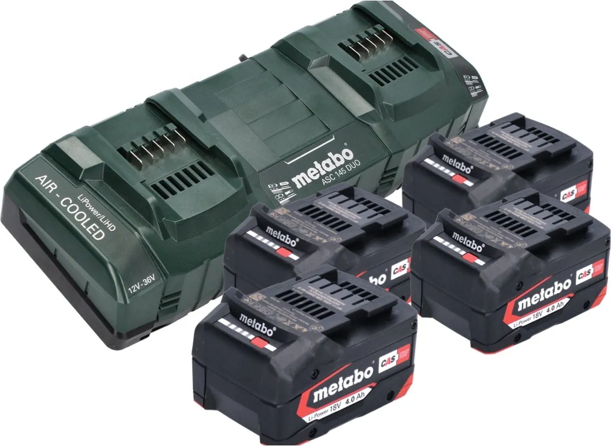 Metabo Li-Power 4x 18V 4.0Ah CAS Accu + ASC 145 DUO Snellader - 4 Stuks