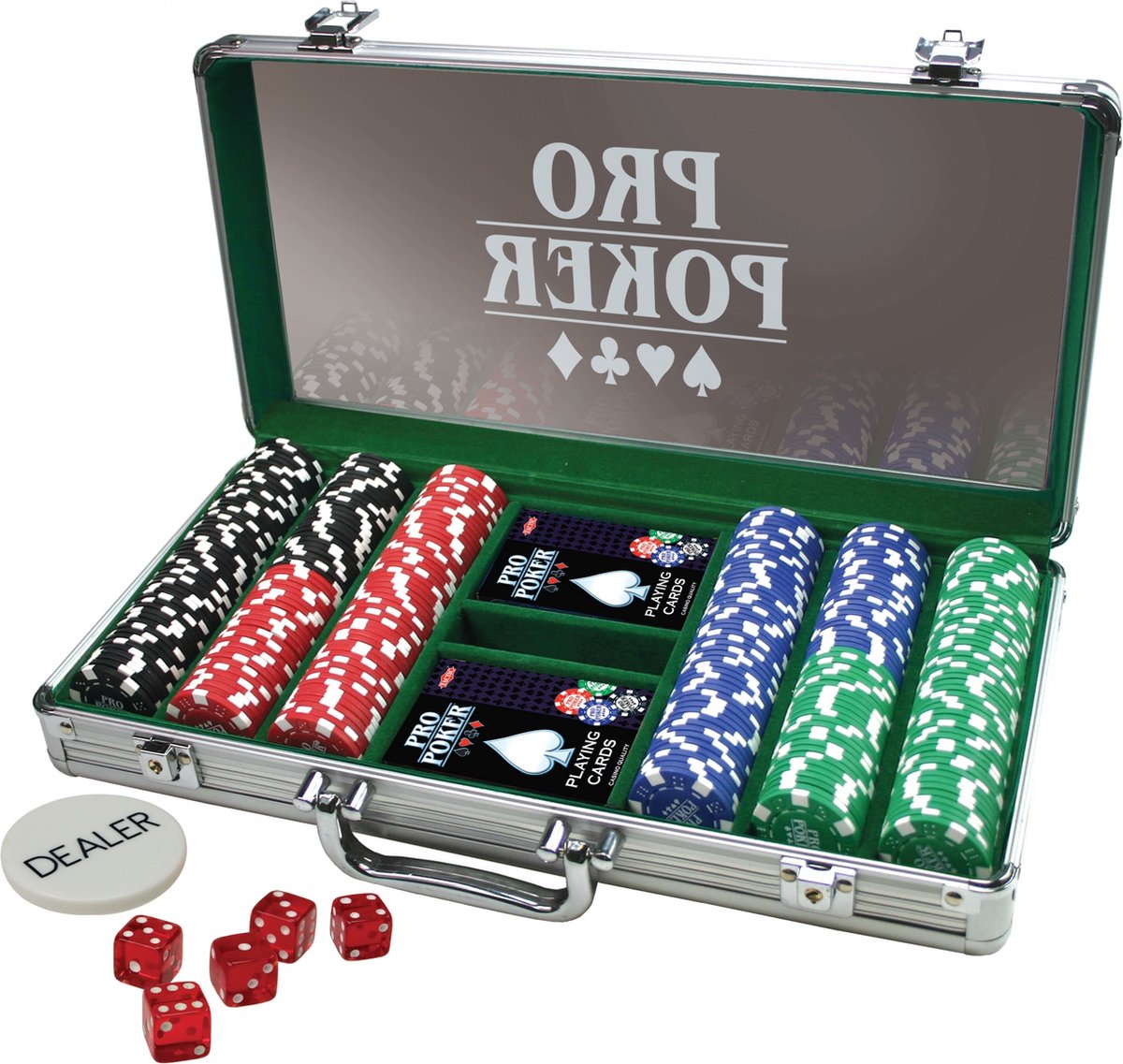 Tactic Pro Poker Set – Pokerset – Luxe Aluminium Koffer – 300 Chips van 11,5 gram – Inclusief Kaarten, Dobbelstenen en Dealer Button – Vanaf 14 Jaar