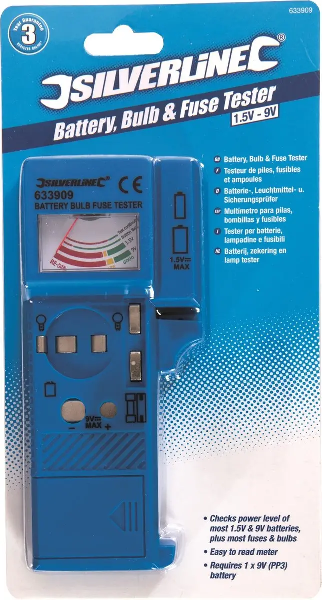 Silverline Batterij Tester 1,5V-9V - Zwart