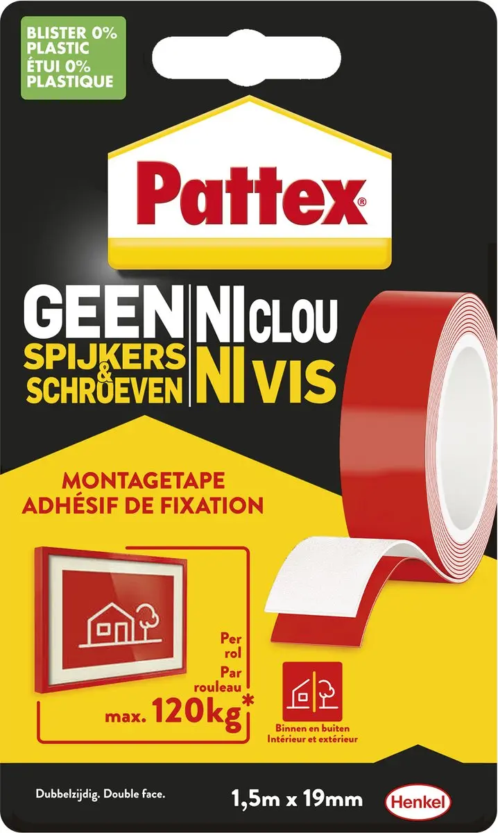 Pattex Geen Spijkers & Schroeven Montagetape 120kg - 1,5m Rood