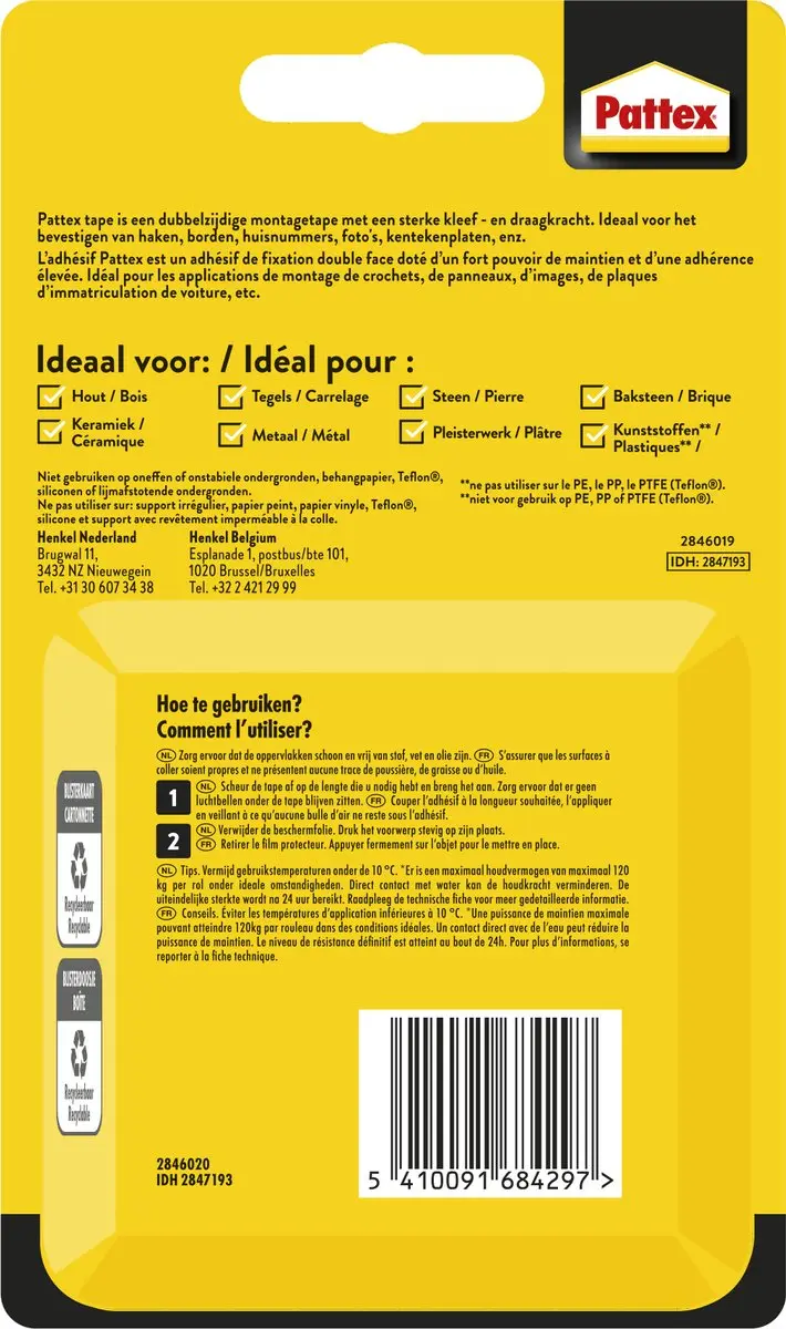 Pattex Geen Spijkers & Schroeven Montagetape 120kg - 1,5m Rood