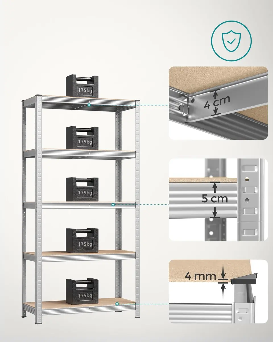 Songmics Stellingkast Opbergrek 5 Verstelbare Legplanken - 875 kg Zilver - afbeelding 4 van 6