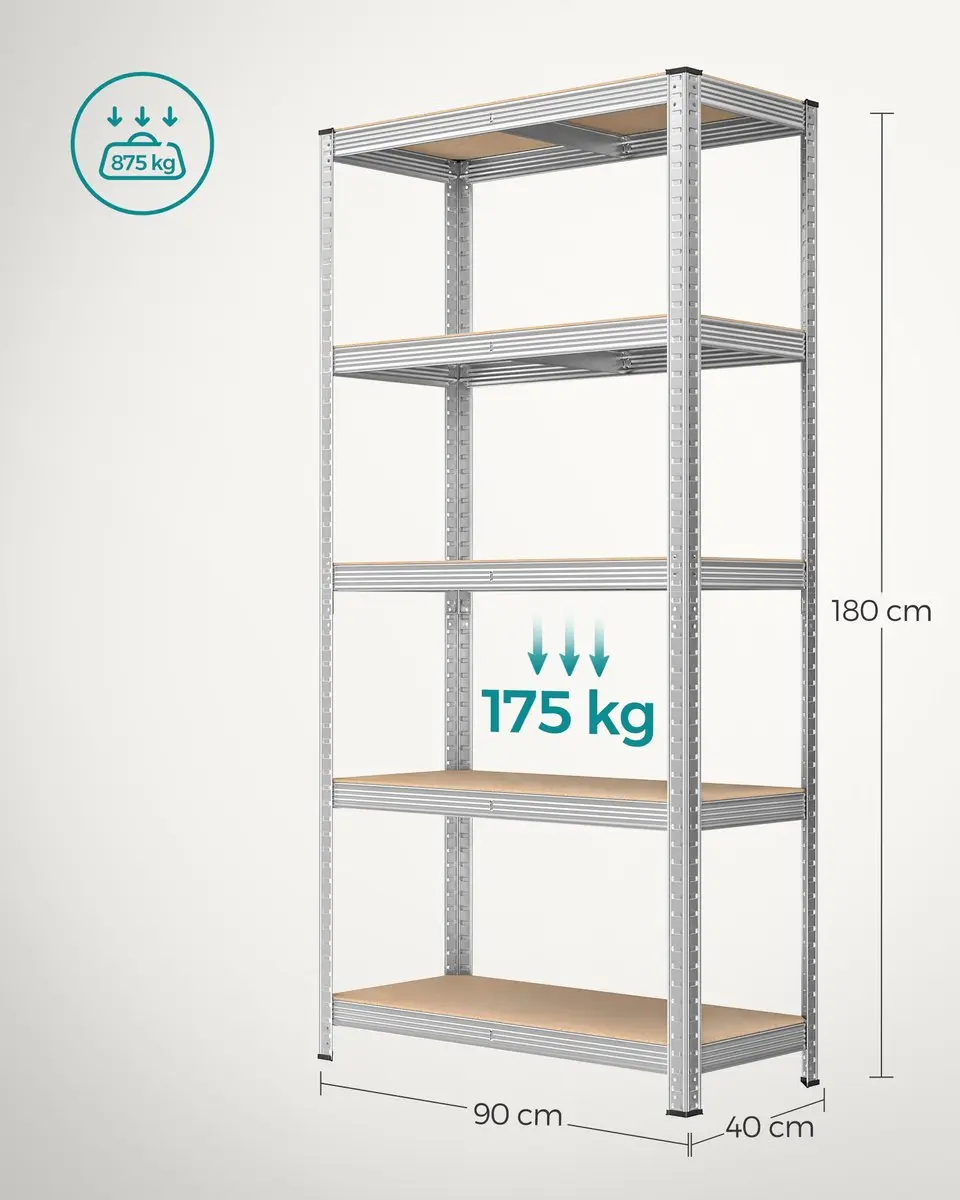 Songmics Stellingkast Opbergrek 5 Verstelbare Legplanken - 875 kg Zilver - afbeelding 2 van 6