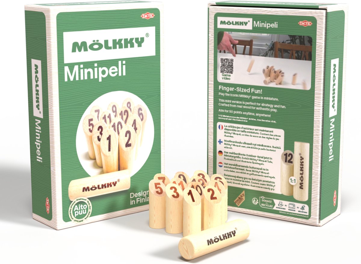Tactic Mölkky Mini – Vang- en Werpspel - Origineel Fins Houten Werpspel In Mini Formaat – Duurzaam Berkenhout – Met Gratis Score-App
