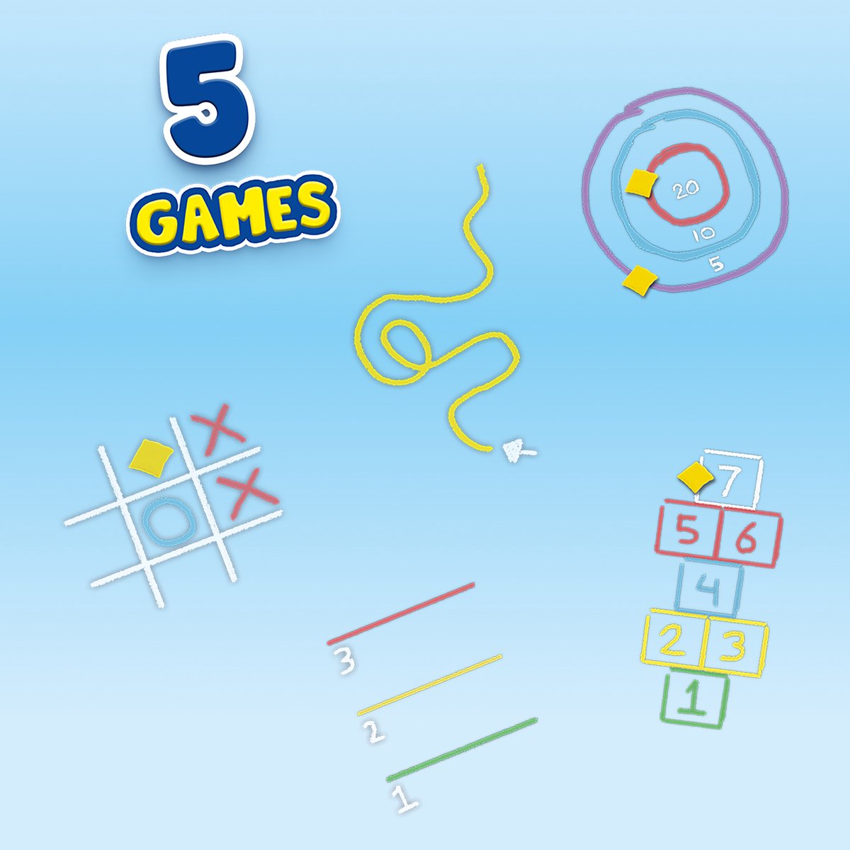 SES - Stoepkrijt spellen 5 in 1 - creatief buiten spelen - set van 6 kleuren stoepkrijt met 2 pittenzakjes - instructies voor 5 verschillende spellen