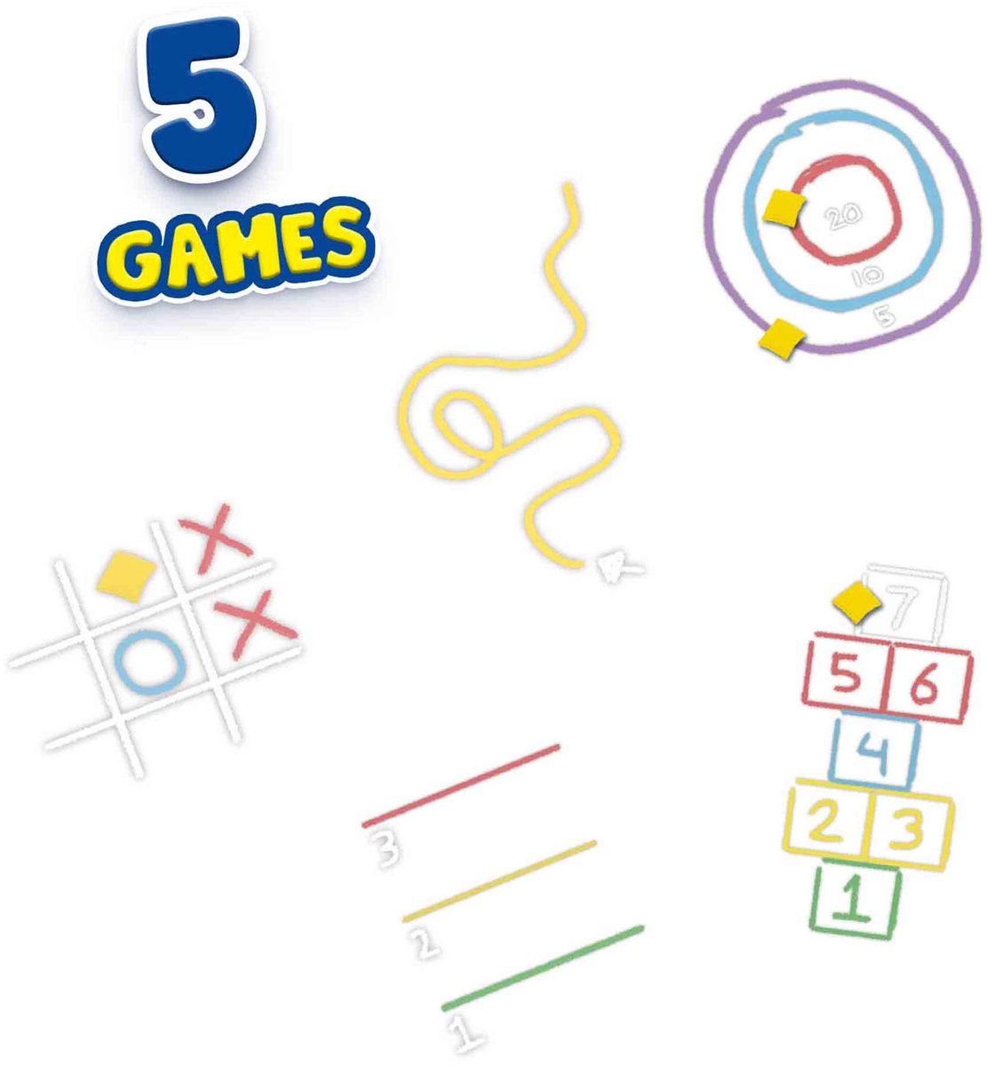 SES - Stoepkrijt spellen 5 in 1 - creatief buiten spelen - set van 6 kleuren stoepkrijt met 2 pittenzakjes - instructies voor 5 verschillende spellen