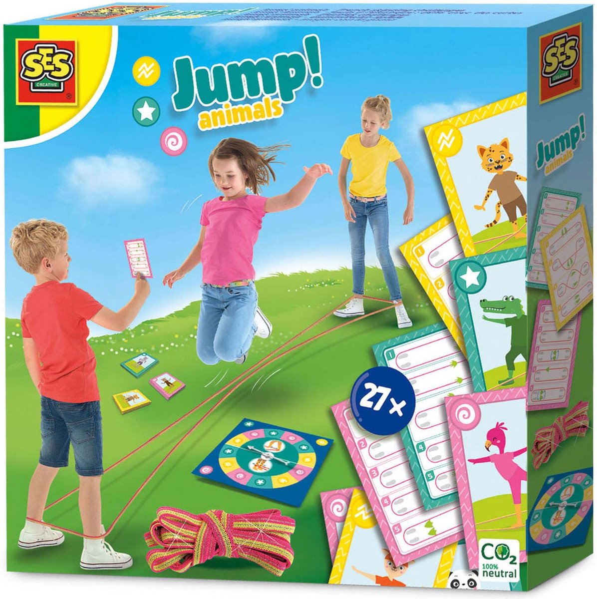 SES - Jump! Animals Elastieken - stevig elastiek met glitter - spinnerbord met draaibare pijl - 27 speelkaarten met sprongen