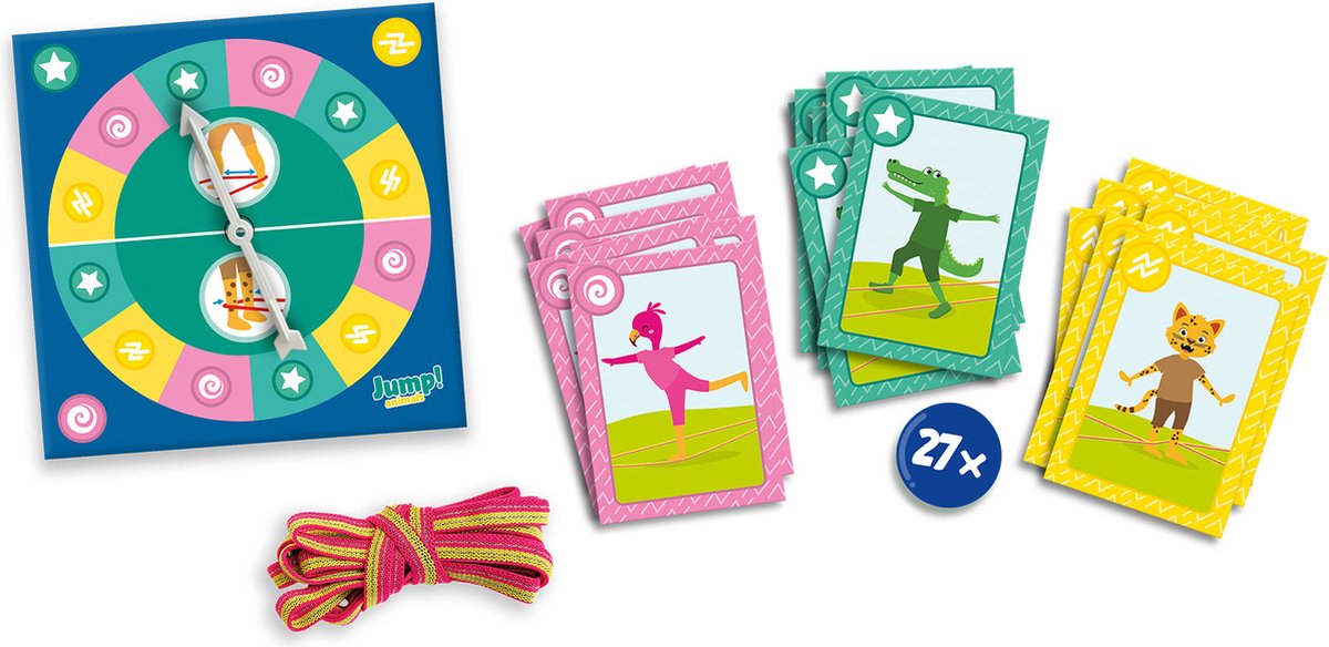 SES - Jump! Animals Elastieken - stevig elastiek met glitter - spinnerbord met draaibare pijl - 27 speelkaarten met sprongen