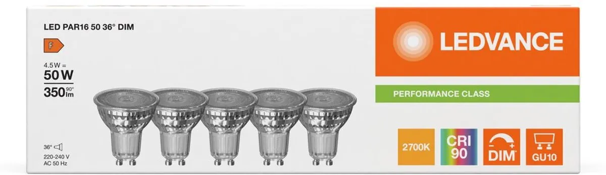 LEDVANCE PAR16 GU10 Dimbare LED Spot 4.5W - 5 Stuks - afbeelding 3 van 6